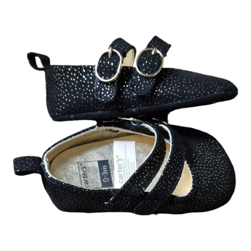 Carter's Glitter Mary Jane Crib Shoes Baby Girl 0-3M Newborn Black Formal Dressy